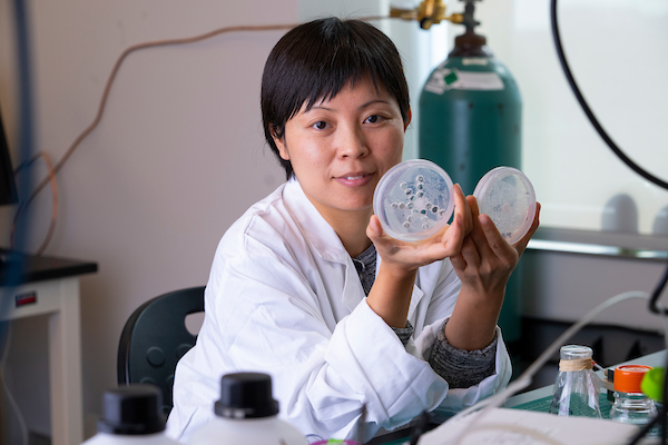 Woman in a lab setting holding to Petri dishes up while looking at the camera.